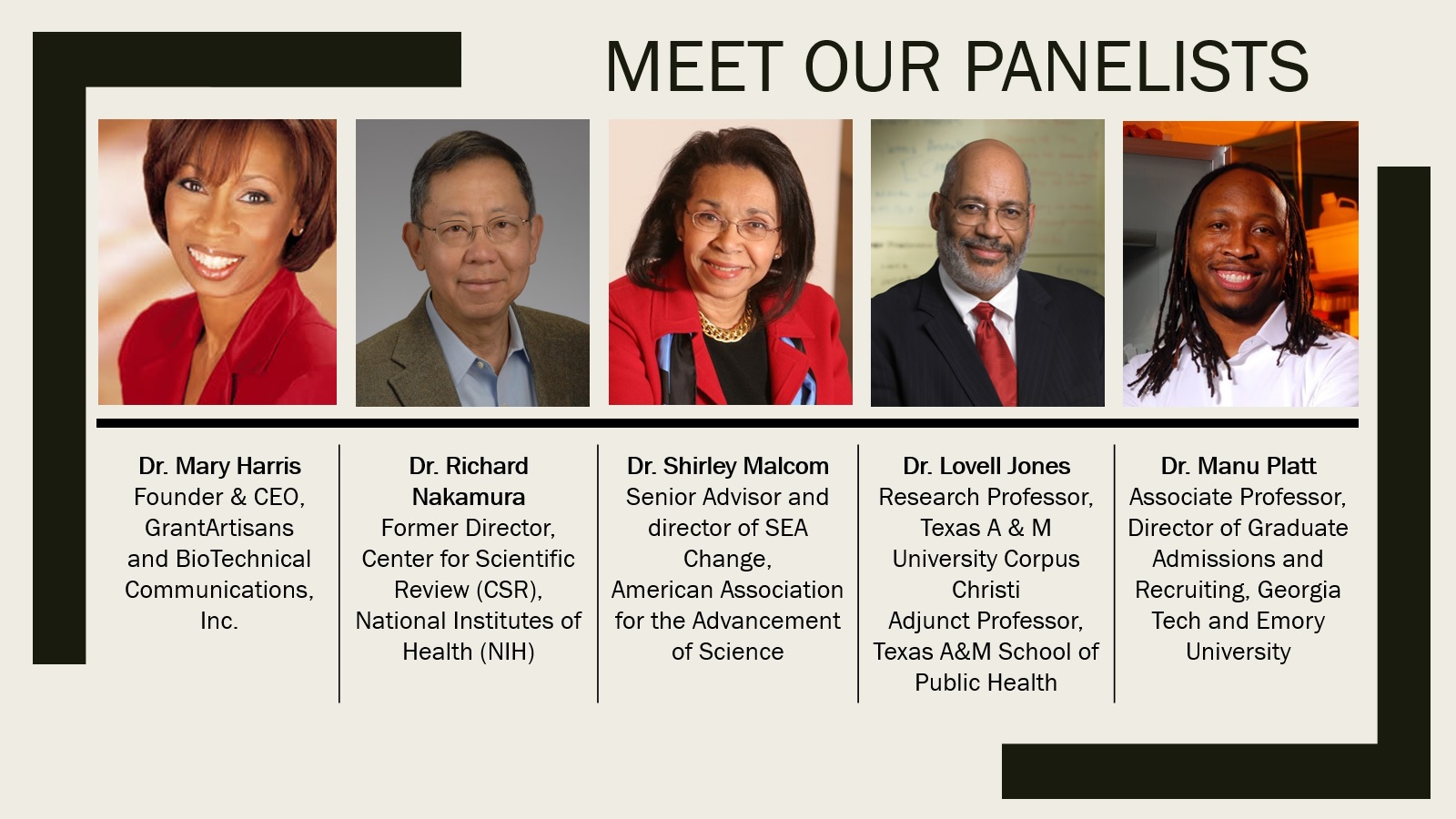 Slide with names, photos, and affiliations of panel members
