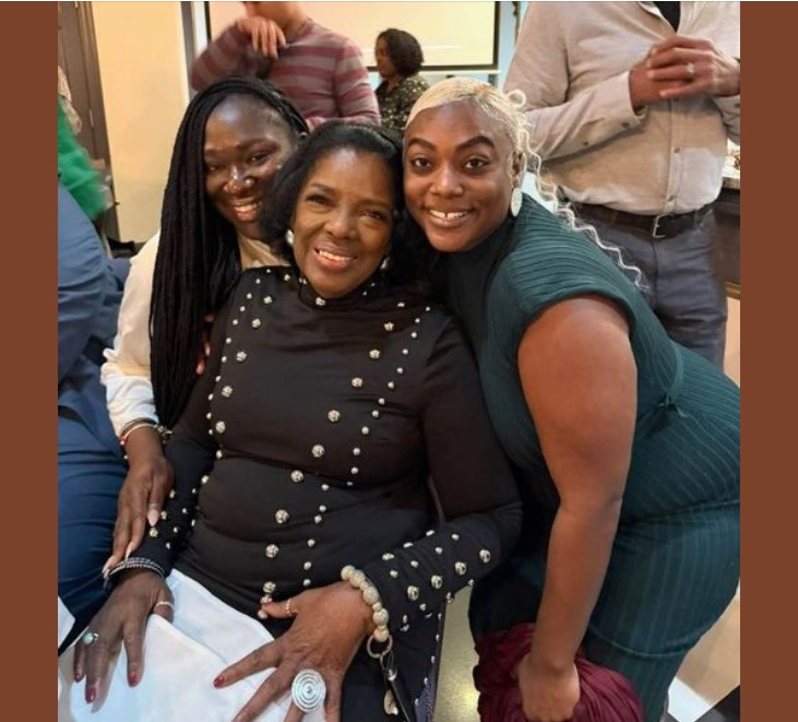 Two alumni hug Dr. La Verne Reid at her retirement celebration Photo of two alumni hugging Dr. La Verne Reid at her retirement celebration